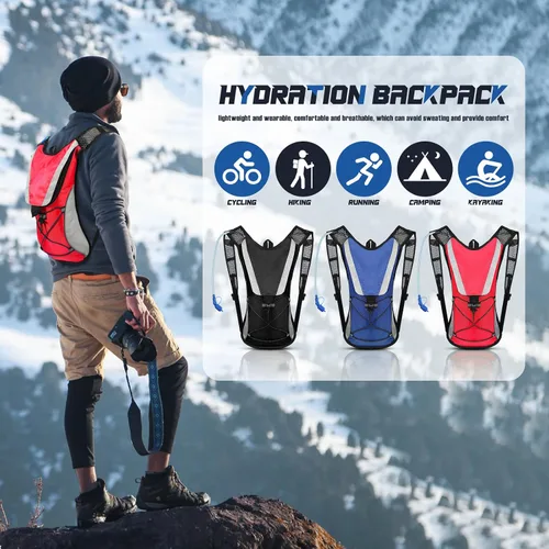 Vista 7 de Paquete de 3 mochilas de hidratación con bolsa de agua de 2 litros, paquete de hidratación con vejiga de hidratación, senderismo, correr, ciclismo