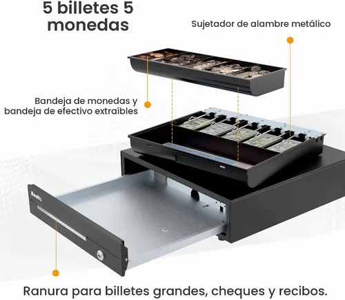 Vista 3 de Cajón de efectivo resistente de 16 pulgadas para sistema POS - Bandeja totalmente extraíble, 5 billetes/5 monedas con micro interruptor e