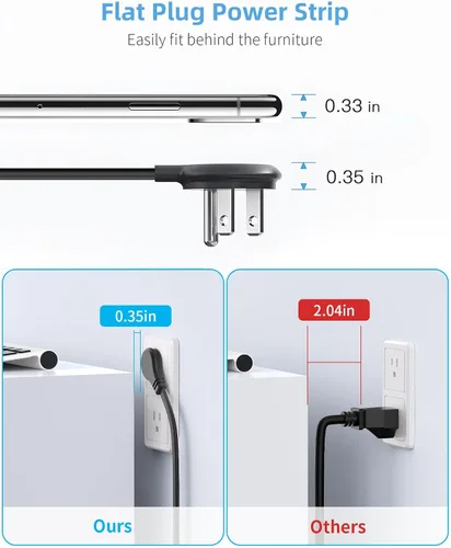 Vista 4 de Regleta de alimentación con abrazadera de escritorio de 6 salidas con USB C, protector de sobretensiones de enchufe plano, montaje de borde de Negro