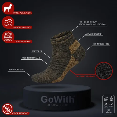 Vista 3 de GoWith 2 Pairs Alpaca Wool Low-Cut Ankle Socks for Men Women, Cushioned Terry Warm Thermal Thick Merino Blend Camping Socks