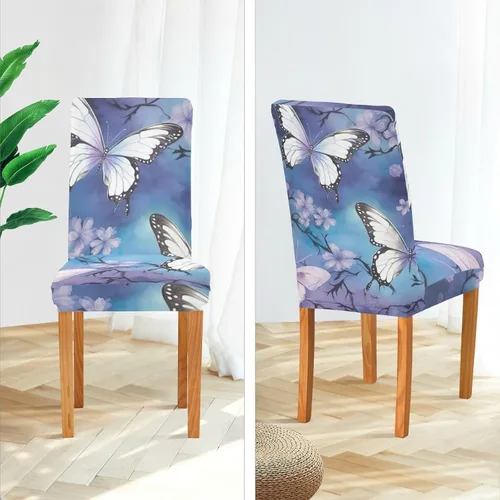 Vista 5 de Juego de 2 fundas para sillas de comedor con diseño de mariposas, elásticas, extraíbles y lavables, de elastano, para decoración de restaurantes
