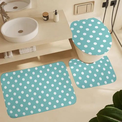 Vista 5 de Juego de 3 alfombras de baño con diseño de lunares, color azul aguamarina, antideslizante, con contorno en forma de U y tapa de inodoro