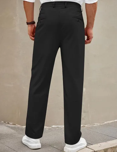 Vista 2 de COOFANDY Pantalones chinos de algodón de ajuste relajado para hombre, cintura elástica, parte delantera plana, color caqui