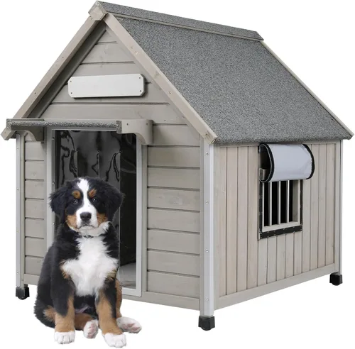 Vista 9 de PetsCosset Casa para perros al aire libre de 20.5 pulgadas de largo con techo de asfalto impermeable para perros pequeños a medianos, perrera grande
