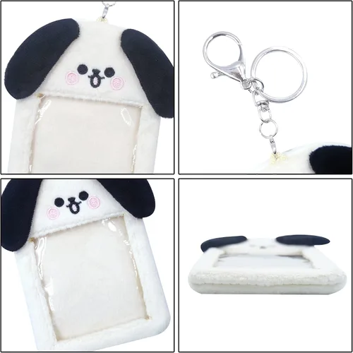 Vista 4 de JUMISEE Lindo soporte de tarjeta de fotos Kpop de felpa con llavero, funda de foto de oso de dibujos animados, protector de tarjeta de crédito
