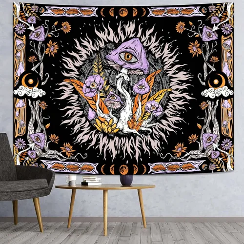 Vista 3 de Lifeella Tapiz de hongos morados, ojos hippie con hojas florales, tapices de fase lunar para dormitorio, grunge, para colgar en la pared, 36 x 48