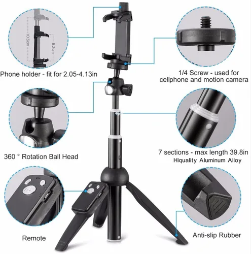 Vista 2 de Trípode monopie para selfie, largo extensible, con control remoto inalámbrico, soporte de clip para teléfono, compatible con iPhone y teléfono