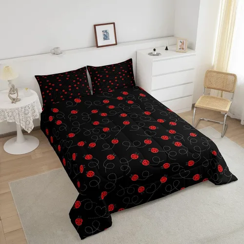 Vista 3 de jejeloiu Lindo juego de edredón de mariquita roja de dibujos animados, juego de ropa de cama para niños y niñas, decoración de animales kawaii