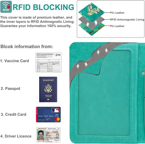 Vista 3 de RSAquar Combo de portatarjetas de pasaporte y vacunación, funda de pasaporte, funda de cuero para tarjetas de viaje, accesorios con bloqueo RFID