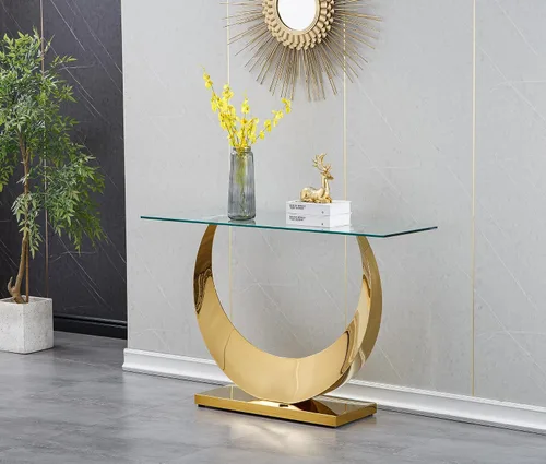 Vista 25 de Mesa de centro de cristal de lujo, mesa de centro de sofá de 47 pulgadas con marco de acero inoxidable dorado y parte superior de vidrio negro, mesa