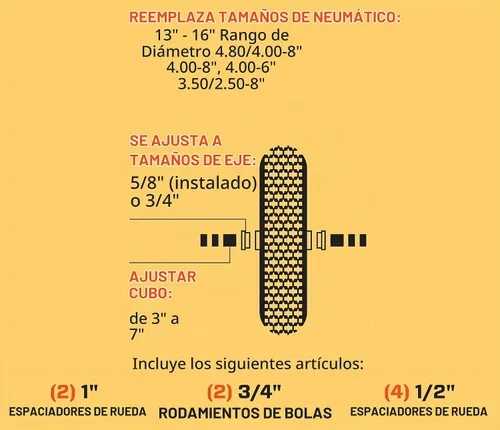 Vista 8 de Neumático Marathon Industries con ajuste universal para carretilla de mano, 3 pulgadas de longitud central; rodamientos de 0.63 pulgadas y kit