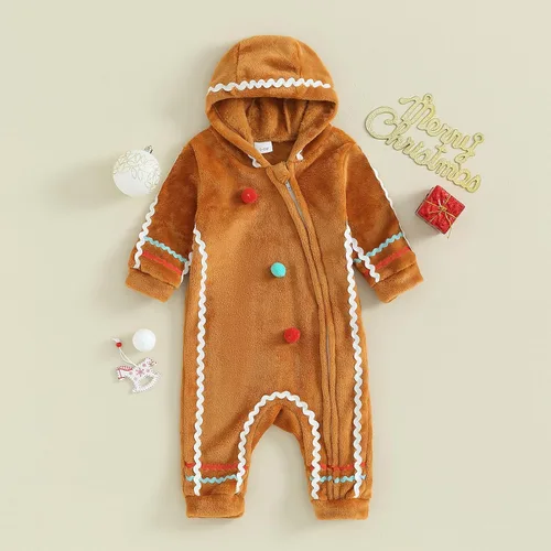 Vista 7 de BULINGNA Disfraz de pan de jengibre para bebé, niño y niña, manga larga, con cremallera, con capucha, traje de Navidad