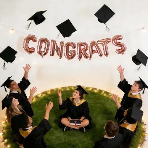 Vista 5 de Cartel de graduación con globos de felicitaciones de oro rosa para decoración de fiesta de graduación, 17 pulgadas Felicidades oro rosa