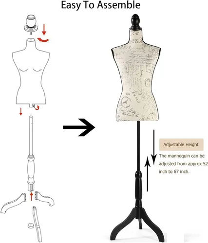 Vista 6 de Forma de vestido de torso de maniquí de altura ajustable con soporte de trípode resistente para decoración del hogar, exhibición de joyas y ropa