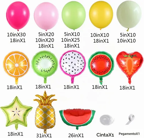 Vista 2 de Juego de arco de globos frutales Twotti de 149 piezas, globos rosa pastel amarillo verde Citrus Balloons, Watermelon Pineapple Tropical Mylar Foil