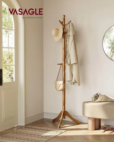 Vista 2 de VASAGLE Perchero de madera maciza y soporte, árbol de pasillo independiente con 10 ganchos para sombreros, bolsos, carteras, para entrada, pasillo