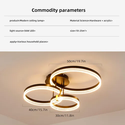 Vista 6 de Lámpara de techo moderna, 3 anillos LED negros cerca del techo, lámpara de techo acrílica regulable de 56 W, lámpara de techo para sala de estar