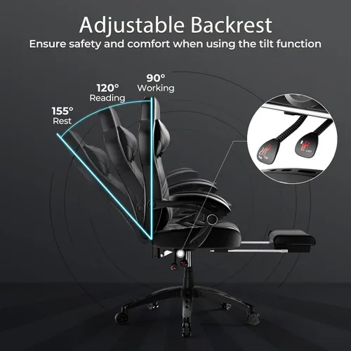 Vista 5 de POWERSTONE Silla de videojuegos con reposapiés y soporte lumbar, estilo carreras, piel sintética, ergonómica, ajustable, giratoria, color negro