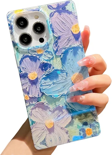 Vista 16 de Funda compatible con iPhone 14 Pro con borde rectangular, bonita funda protectora de lujo con pintura al óleo y flores para mujeres y niñas, funda