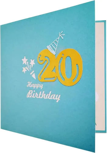 Vista 7 de iGifts And Cards Tarjeta desplegable 3D de 20 cumpleaños – Caja de fiesta azul de moda sorpresa con globos, regalos y vibraciones de celebración
