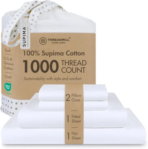 Vista 17 de Threadmill Sábanas de lujo de algodón Supima, sábanas de 100% algodón suave de 1000 hilos de lujo para cama tamaño matrimonial, juego de 4 sábanas