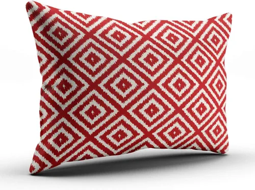 Vista 2 de Fundas de almohada decorativas Ikat con patrón de diamante en rojo y crema, cojín personalizable rectangular, tamaño 12 x 16 pulgadas, funda
