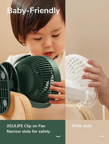 Vista 3 de JISULIFE Ventilador de cochecito de bebé con clip, funciona con batería de 4000 mAh, portátil, diseño de ranura pequeña y silenciosa, 4 velocidades