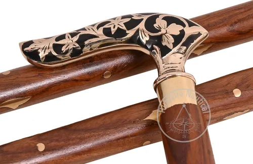 Vista 4 de Diseño de bastón de bastón estilo vintage de madera con mango victoriano de latón antiguo