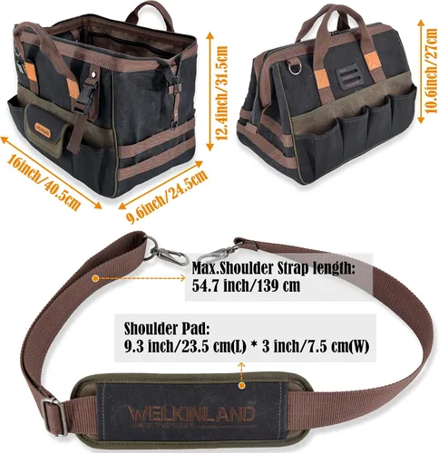Vista 8 de WELKINLAND Bolsa de herramientas de lona encerada con 32 bolsillos, bolsa de herramientas resistente para electricistas, bolsas de herramientas
