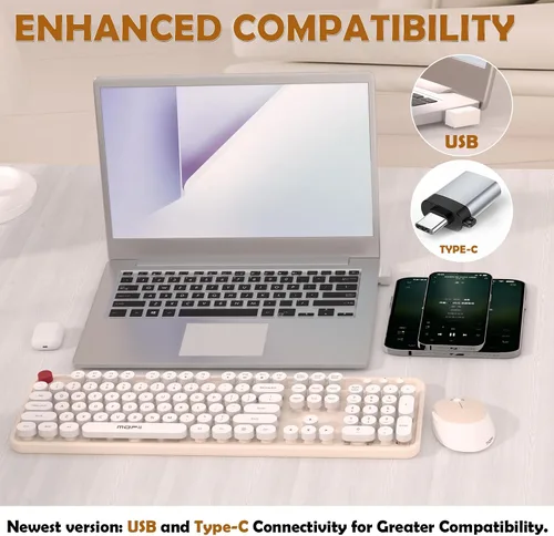 Vista 7 de MOFII - Combo de teclado y mouse inalámbricos, 104 teclas redondas retro de tamaño completo, teclados ergonómicos y mouse inalámbricos para Windows