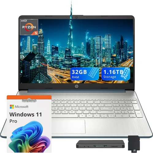 Vista 11 de HP Laptop FHD de 15.6", AMD Ryzen 5-5500U, 16 GB de RAM, almacenamiento de 1.16 TB (1 TB SSD + 160 GB de estación de acoplamiento), gráficos AMD