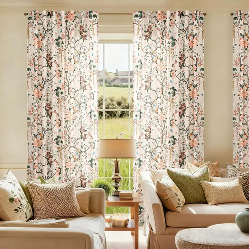 Vista 60 de Cortinas de lino de pájaro floral azul 2 paneles de 72 pulgadas de largo Aqua Blue