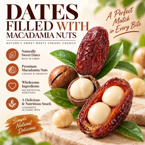 Vista 4 de Dátiles premium rellenos de nueces de macadamia, dátiles masticables suaves en caja con nueces de macadamia crujientes, sin azúcar añadido