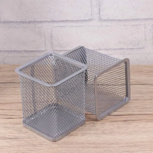 Vista 5 de NUOLUX 2pcs Metal Mesh Square Pencil Holder Pen Pot Desk Tidy Organizer (Plata)