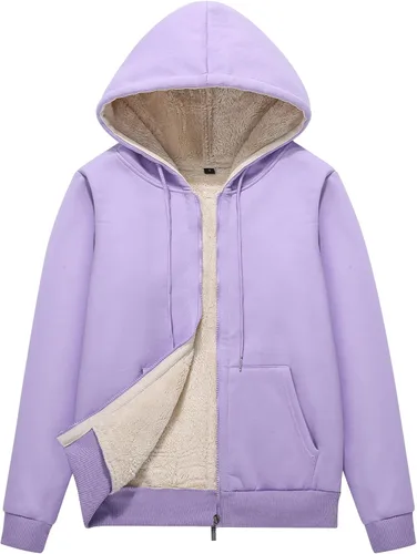 Vista 14 de Flygo Sudadera con capucha para mujer, con cremallera, forro polar, tipo sherpa, abrigada, chaqueta de invierno Gris ceniza