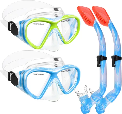 Vista 14 de 2 Sets Snorkeling Gear for Kids, Kids Snorkel Set for Ages 6-14, Dry Top Snorkel Mask Set for Youth Boys Girls Junior, Tempered Glass Diving