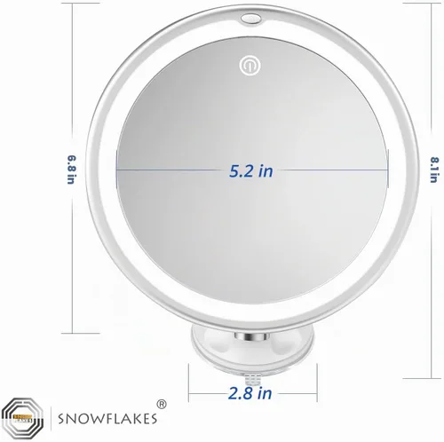 Vista 3 de Snowflakes - Espejo de maquillaje iluminado con 10 aumentos, ventosas y giro de 360°, control táctil, 3 modos de luz, ideal para el hogar, tocador