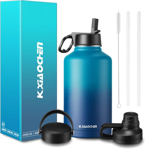 Vista 12 de KXIAOCHEN Botella de agua aislada, botella de agua de acero inoxidable, 2 tapas (con pajilla y tapa con asa), botellas de agua metálicas de boca