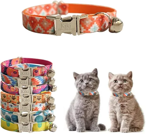 Vista 17 de Collar de gato personalizado con placa de nombre, collares ajustables de nailon resistente para identificación de gato con campana, personaliza