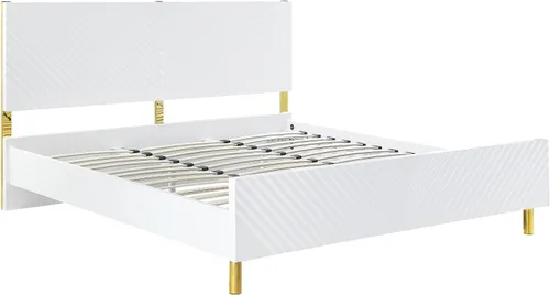 Vista 4 de Gaines - Cama Queen con marco de madera y patas doradas, no requiere somier, acabado blanco de alto brillo (marco de cama, Queen)