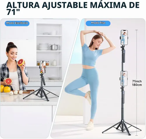 Vista 3 de Trípode Selfie Stick, trípode de 71 pulgadas para iPhone, rotación de 360° con control remoto inalámbrico, soporte portátil de aluminio para Negro