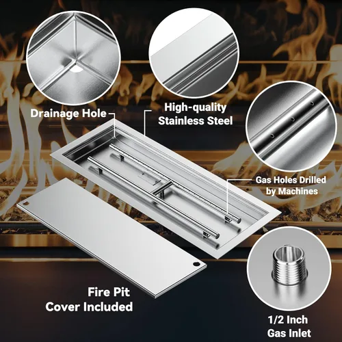 Vista 3 de Skyflame - Sartén y quemador de acero inoxidable rectangular para fogata con cubierta del quemador, área de combustión de 24 por 8 pulgadas