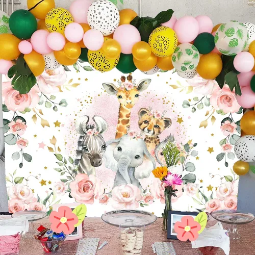Vista 3 de Sensfun Telón de fondo de fiesta de baby shower con texto en inglés "It's A Girl" ("It's A Girl"), diseño floral rosa, animales del zoológico