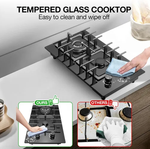 Vista 7 de Estufa de Gas de 2 Quemadores Tope de Cocina de Propano, Tope de Cocina de Gas de Vidrio Templado de 12 Pulgadas Quemador de Gas de Acero Inoxidable