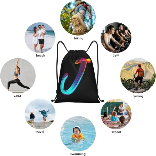 Vista 8 de Bolsas con cordón inicial con cordón para deportes, gimnasio, viajes, natación, playa, campamento, arco iris, letra J