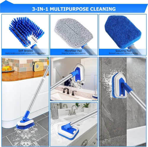 Vista 2 de Lalafancy Cepillo de Limpieza para Ducha con Cabezal de Bloqueo, Cepillo Fregador de Bañera y Azulejos 3 en 1 con Mango Largo Extensible de 50