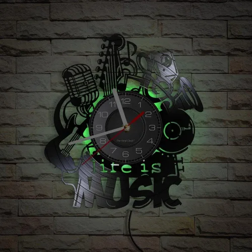 Vista 5 de Life Is Music - Reloj de pared LED de vinilo de 12 pulgadas con 7 colores que cambian silencioso, sin tictac, diseño moderno, música antigua, luz