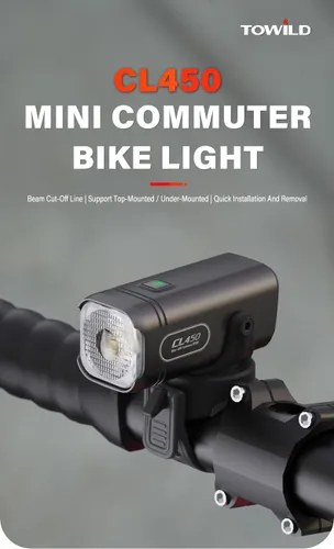 Vista 3 de TOWILD CL450 Luces de bicicleta para conducción nocturna, 450 lúmenes, USB-C recargable, aleación de aluminio, IPX6 impermeable