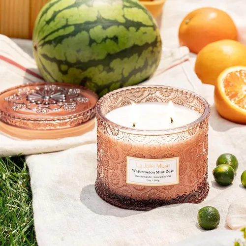 Vista 3 de LA JOLIE MUSE Vela de Cáscara de Sandía y Menta - Eucalipto, Salvia, Lavanda Vela Grande de Cera de Soja de 12 oz con 2 Mechas 60 Horas