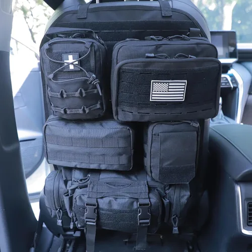 Vista 12 de Organizador táctico universal para respaldo de asiento, panel Molle para vehículo, bolsa de almacenamiento con 5 bolsas Molle desmontables